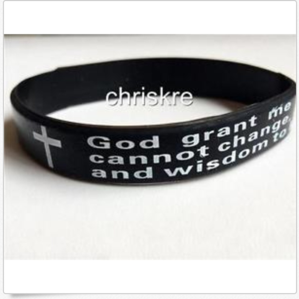 Serenity Prayer Bracelet Silicone Band Black Mens Womens Stretch AA NA Sobriety